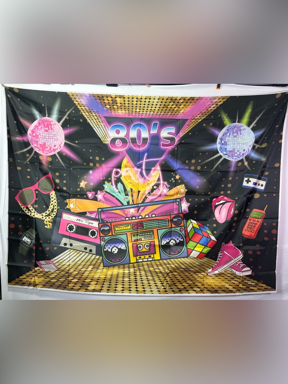 Large 80’s Theme Party Backdrop Banner 7x5Ft.